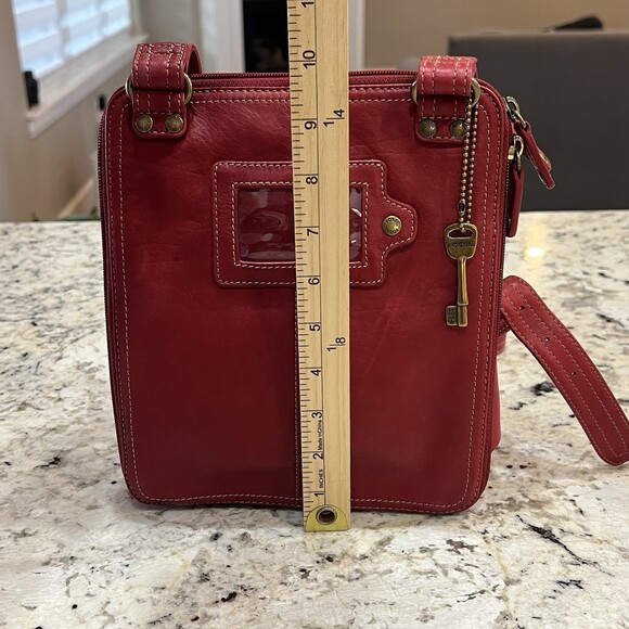 Fossil Red Leather Crossbody Tote Organizer Bag ID Window Key Charm Y2K Purse - Picture 12 of 16